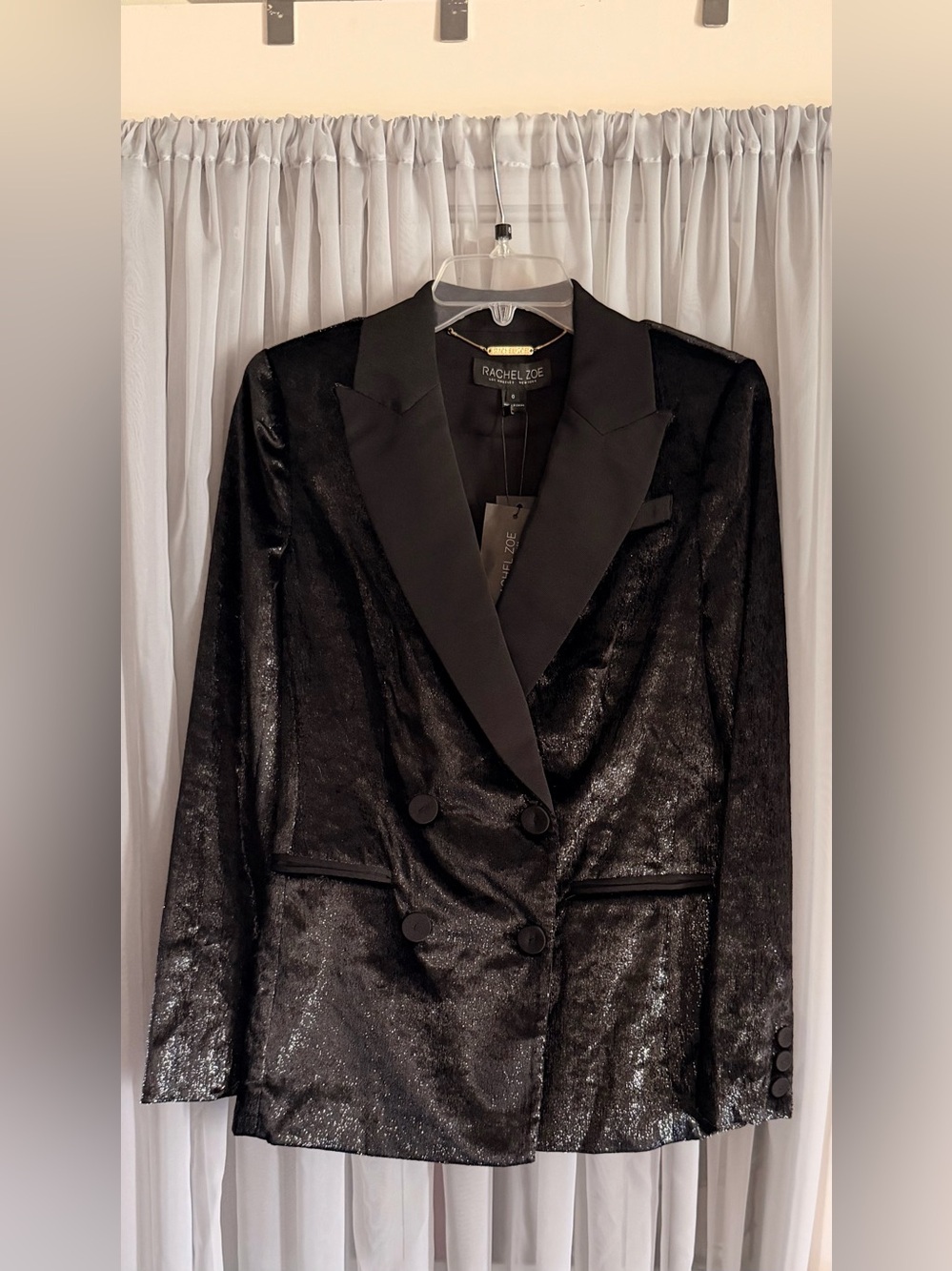 Rachel Zoe Black Velvet Shimmer Double-Breasted Blazer Size 0 New $525